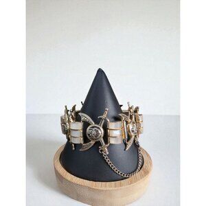 Vintage Mid-Century Gold Tone Sword & Crest Mother of Pearl Panel Bracelet 7.5"